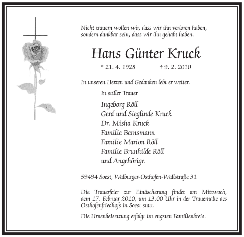  Traueranzeige für Hans Günter Kruck vom 13.02.2010 aus WESTFÄLISCHER ANZEIGER