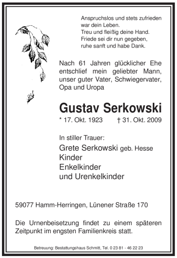 Traueranzeige von Gustav Serkowski von WESTFÄLISCHER ANZEIGER