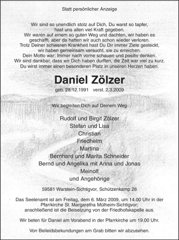 Traueranzeige von Daniel Zölzer von WESTFÄLISCHER ANZEIGER