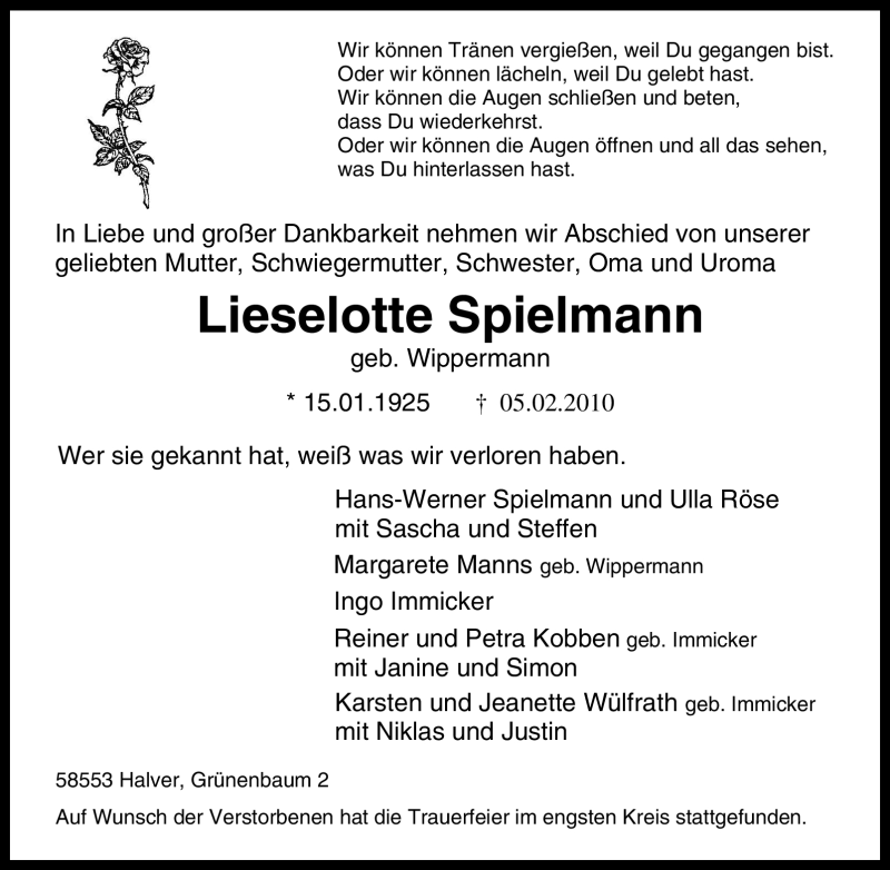  Traueranzeige für Lieselotte Spielmann vom 10.02.2010 aus WESTFÄLISCHER ANZEIGER