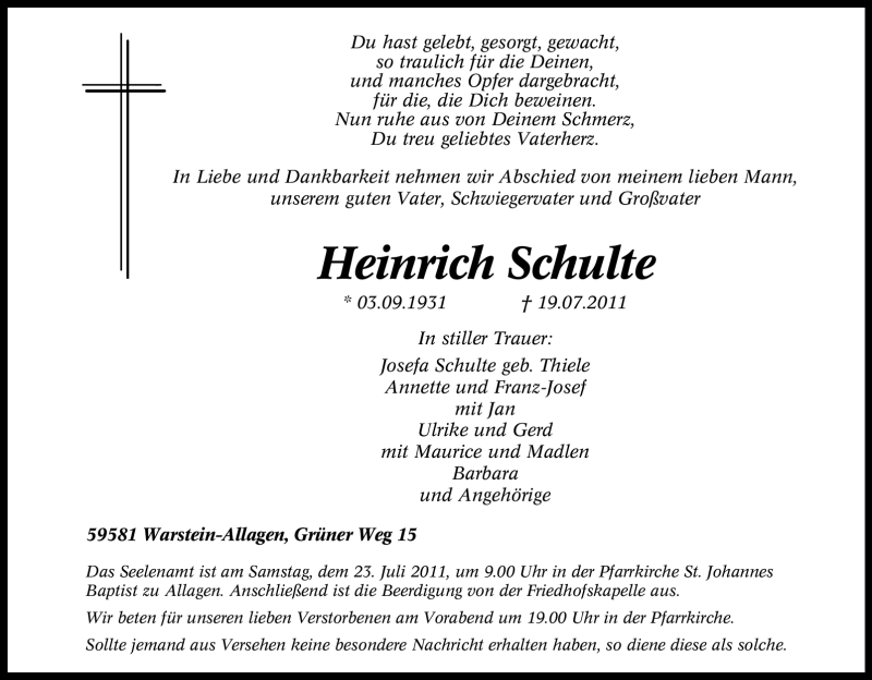  Traueranzeige für Heinrich Schulte vom 21.07.2011 aus WESTFÄLISCHER ANZEIGER