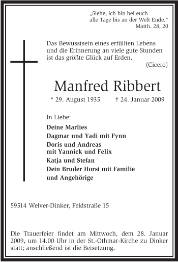 Traueranzeige von Manfred Ribbert von WESTFÄLISCHER ANZEIGER