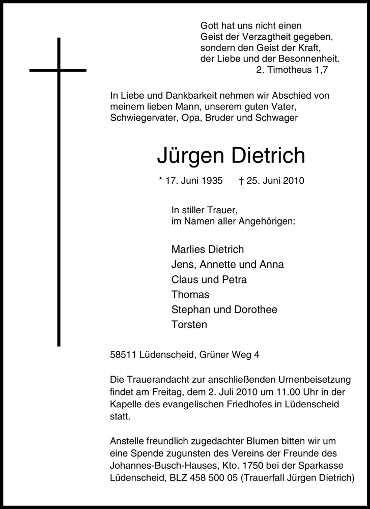  Traueranzeige für Jürgen Dietrich vom 29.06.2010 aus WESTFÄLISCHER ANZEIGER