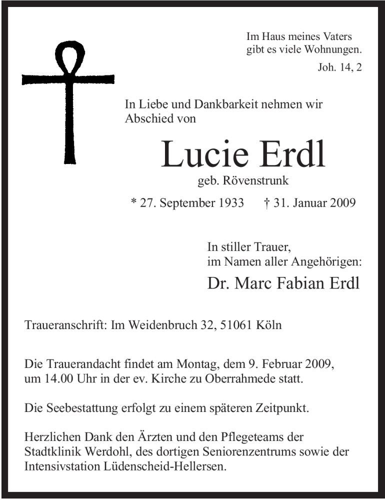  Traueranzeige für Lucie Erdl vom 05.02.2009 aus WESTFÄLISCHER ANZEIGER