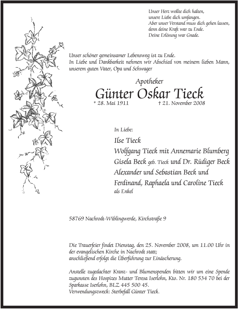  Traueranzeige für Günter Oskar Tieck vom 22.11.2008 aus WESTFÄLISCHER ANZEIGER