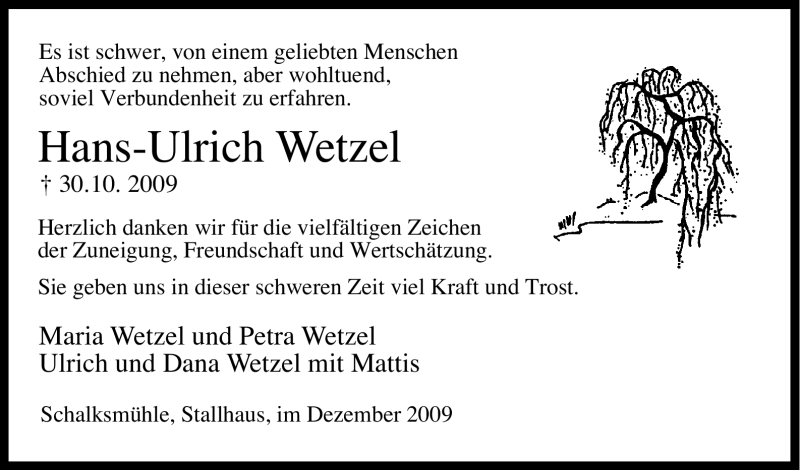  Traueranzeige für Hans-Ulrich Wetzel vom 19.12.2009 aus WESTFÄLISCHER ANZEIGER