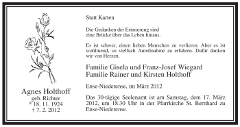 Traueranzeige von Agnes Holthoff von WESTFÄLISCHER ANZEIGER