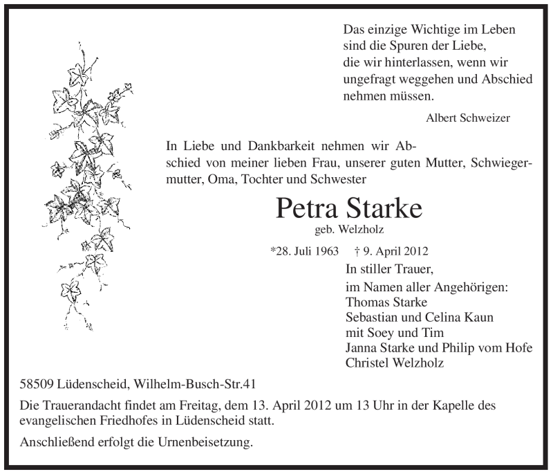  Traueranzeige für Petra Starke vom 11.04.2012 aus WESTFÄLISCHER ANZEIGER