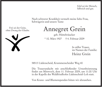 Traueranzeige von Annegret Grein von WESTFÄLISCHER ANZEIGER