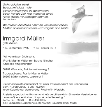Traueranzeige von Irmgard Müller von MZV