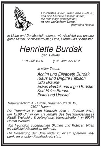 Traueranzeige von Henriette Burdak von WESTFÄLISCHER ANZEIGER