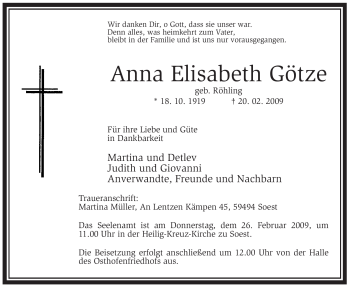 Traueranzeige von Anna Elisabeth Götze von WESTFÄLISCHER ANZEIGER