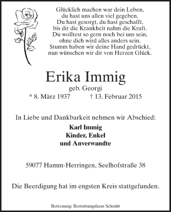 Traueranzeige von Erika Immig von MZV