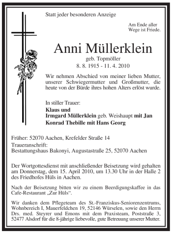 Traueranzeige von Anni Müllerklein von WESTFÄLISCHER ANZEIGER