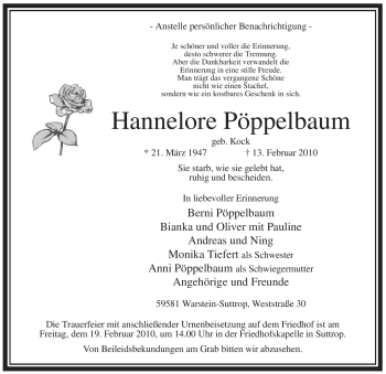 Traueranzeige von Hannelore Pöppelbaum von WESTFÄLISCHER ANZEIGER
