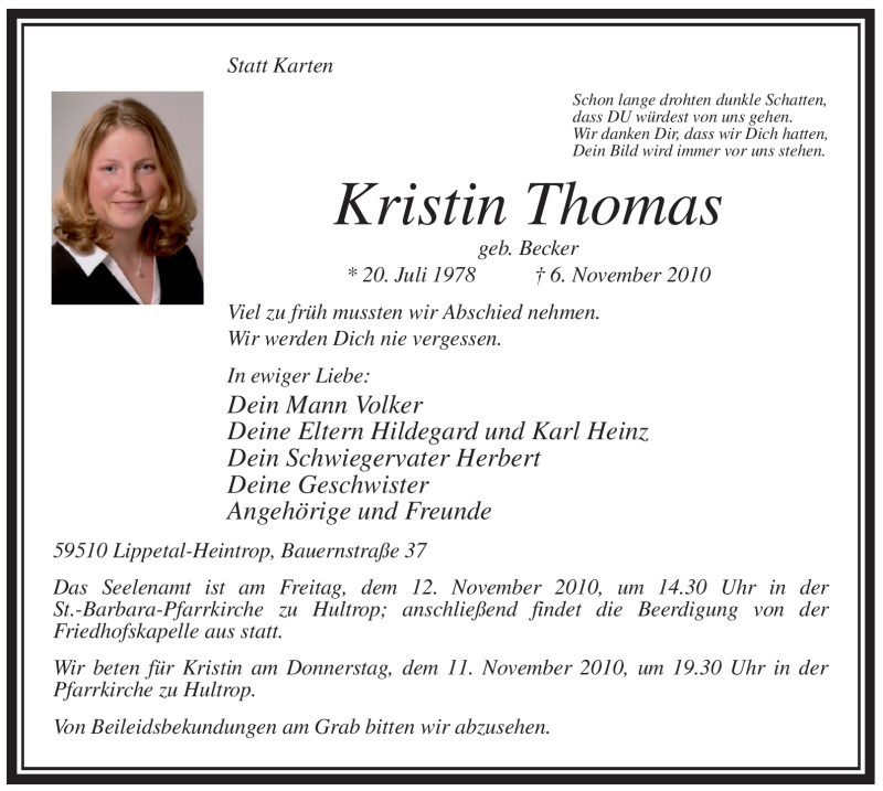  Traueranzeige für Kristin Thomas vom 09.11.2010 aus WESTFÄLISCHER ANZEIGER