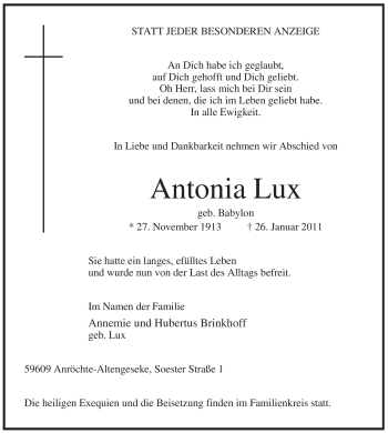 Traueranzeige von Antonia Lux von WESTFÄLISCHER ANZEIGER