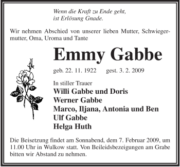 Traueranzeige von Emmy Gabbe von WESTFÄLISCHER ANZEIGER