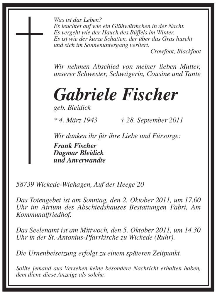  Traueranzeige für Gabriele Fischer vom 30.09.2011 aus WESTFÄLISCHER ANZEIGER