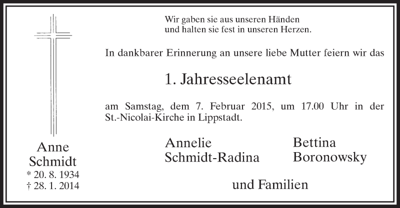  Traueranzeige für Anne Schmidt vom 31.01.2015 aus MZV