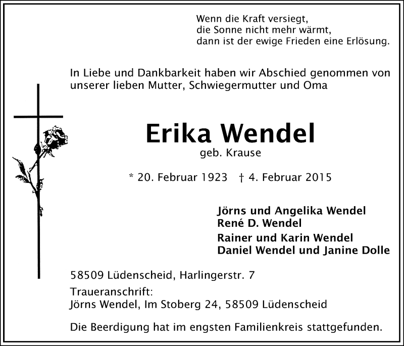  Traueranzeige für Erika Wendel vom 12.02.2015 aus MZV