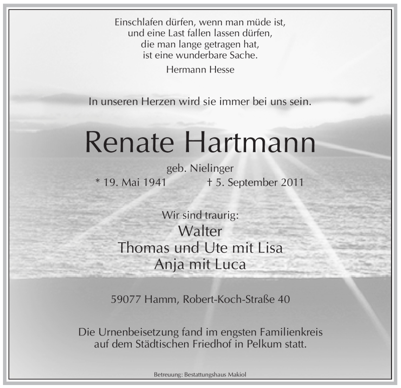  Traueranzeige für Renate Hartmann vom 10.09.2011 aus WESTFÄLISCHER ANZEIGER