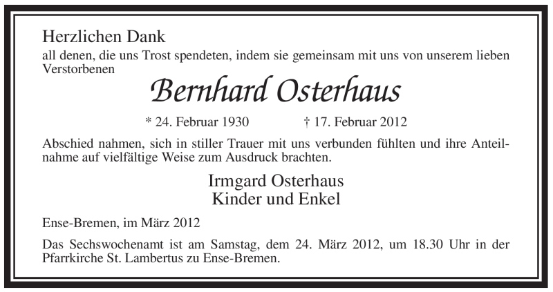  Traueranzeige für Bernhard Osterhaus vom 17.03.2012 aus WESTFÄLISCHER ANZEIGER