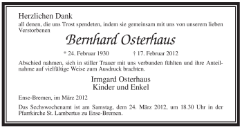 Traueranzeige von Bernhard Osterhaus von WESTFÄLISCHER ANZEIGER