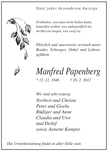 Traueranzeige von Manfred Papenberg von WESTFÄLISCHER ANZEIGER