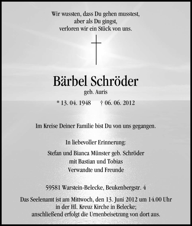  Traueranzeige für Bärbel Schröder vom 09.06.2012 aus WESTFÄLISCHER ANZEIGER