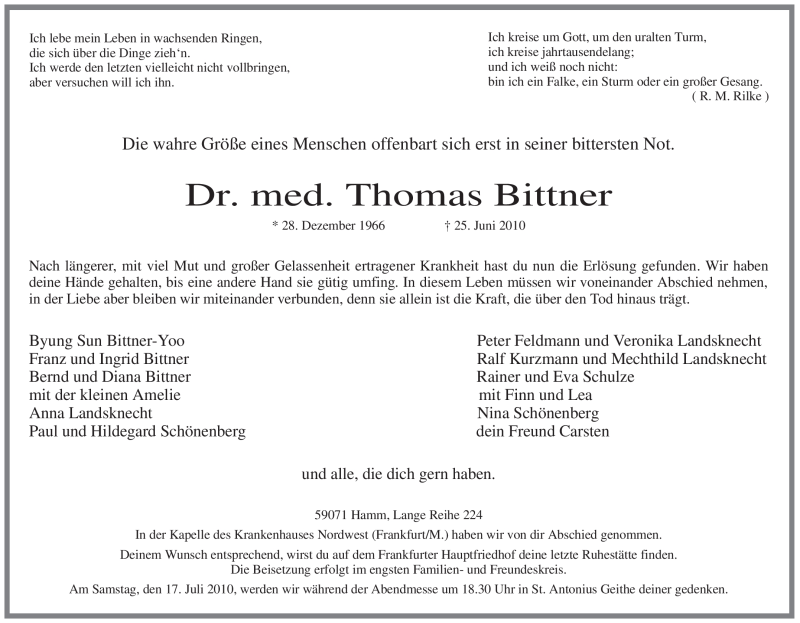  Traueranzeige für Thomas Bittner vom 06.07.2010 aus WESTFÄLISCHER ANZEIGER