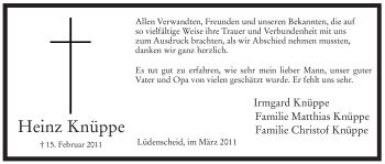 Traueranzeige von Heinz Knüppe von WESTFÄLISCHER ANZEIGER
