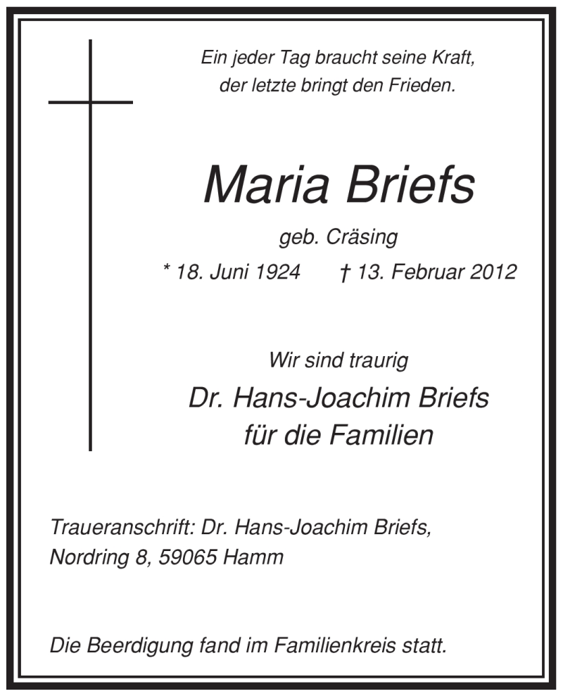  Traueranzeige für Maria Briefs vom 20.02.2012 aus WESTFÄLISCHER ANZEIGER