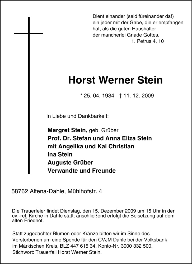  Traueranzeige für Horst Werner Stein vom 12.12.2009 aus WESTFÄLISCHER ANZEIGER