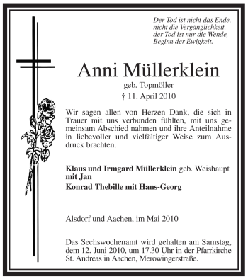 Traueranzeige von Anni Müllerklein von WESTFÄLISCHER ANZEIGER