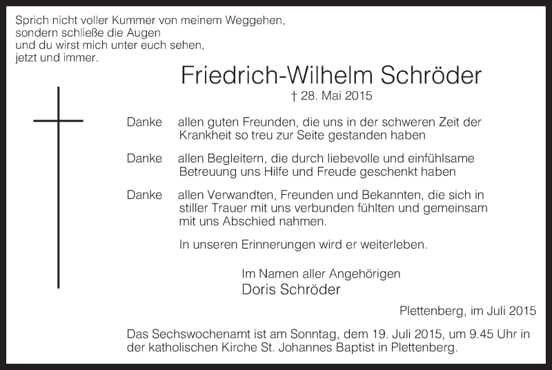  Traueranzeige für Friedrich-Wilhelm Schröder vom 10.07.2015 aus MZV