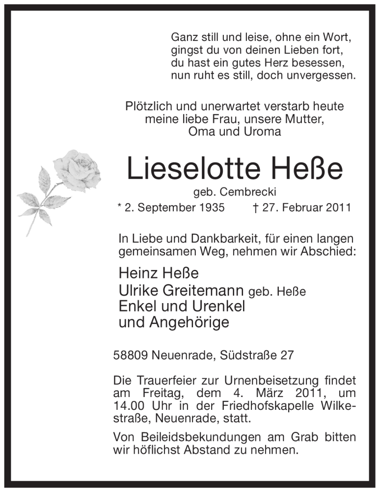  Traueranzeige für Lieselotte Heße vom 01.03.2011 aus WESTFÄLISCHER ANZEIGER