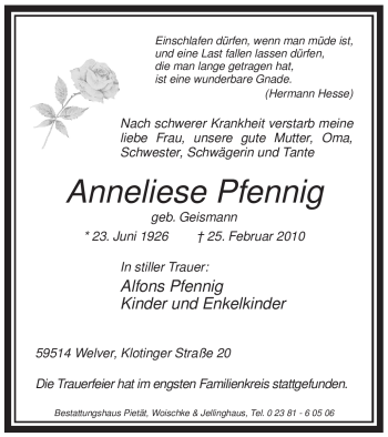 Traueranzeige von Anneliese Pfennig von WESTFÄLISCHER ANZEIGER