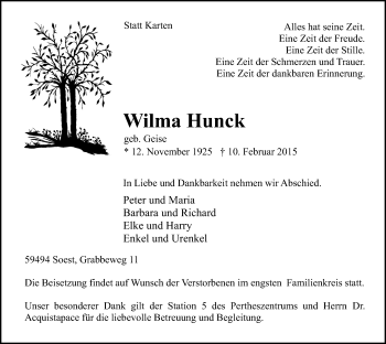 Traueranzeige von Wilma Hunck von MZV