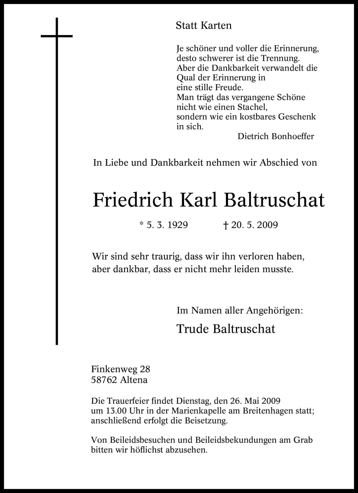  Traueranzeige für Friedrich Karl Baltruschat vom 23.05.2009 aus WESTFÄLISCHER ANZEIGER