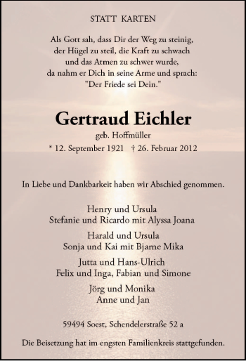 Traueranzeige von Gertraud Eichler von WESTFÄLISCHER ANZEIGER