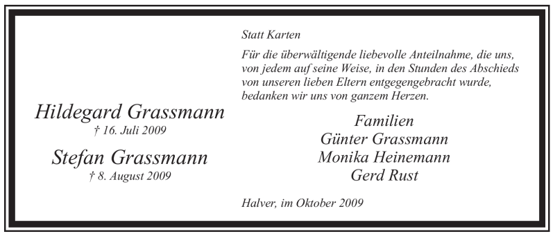  Traueranzeige für Hildegard Grassmann vom 03.10.2009 aus WESTFÄLISCHER ANZEIGER