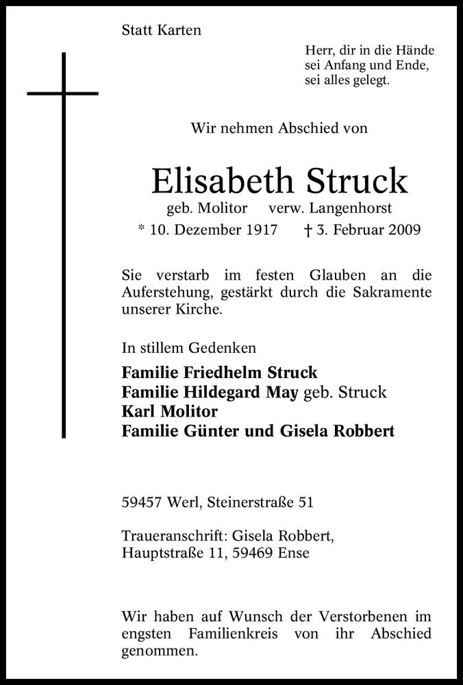  Traueranzeige für Elisabeth Struck vom 14.02.2009 aus WESTFÄLISCHER ANZEIGER