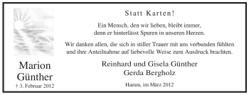 Traueranzeige von Marion Günther von WESTFÄLISCHER ANZEIGER