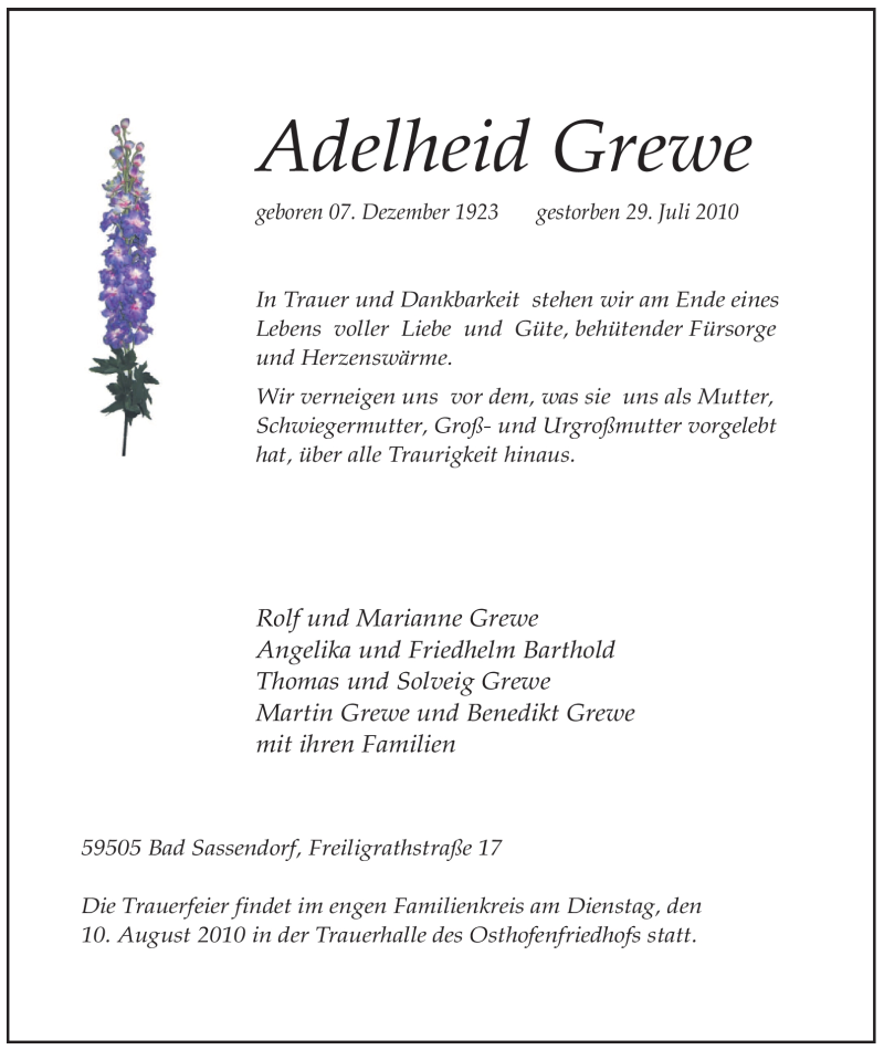  Traueranzeige für Adelheid Grewe vom 07.08.2010 aus WESTFÄLISCHER ANZEIGER
