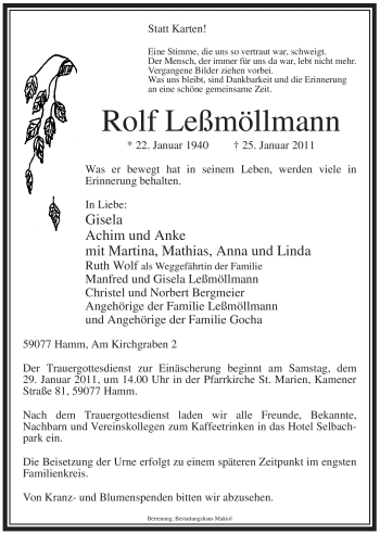 Traueranzeige von Rolf Leßmöllmann von WESTFÄLISCHER ANZEIGER
