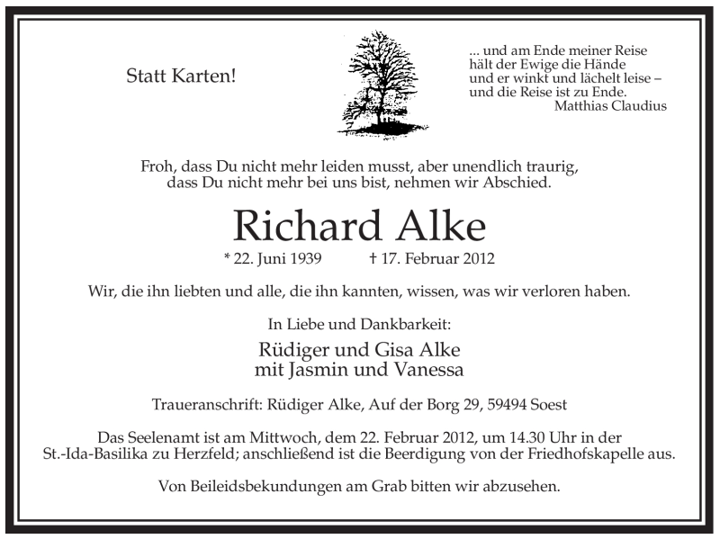  Traueranzeige für Richard Alke vom 20.02.2012 aus WESTFÄLISCHER ANZEIGER