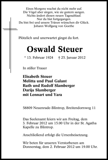 Traueranzeige von Oswald Steuer von WESTFÄLISCHER ANZEIGER