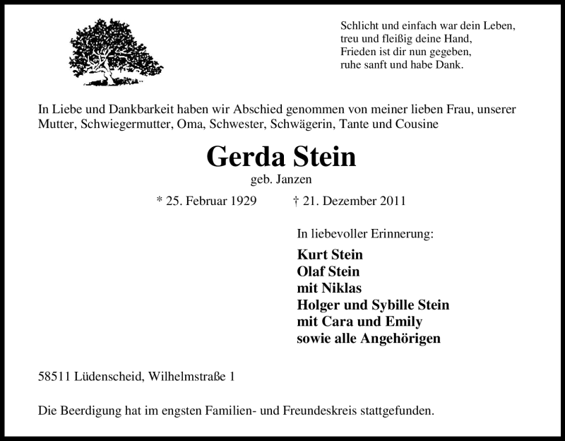  Traueranzeige für Gerda Stein vom 31.12.2011 aus WESTFÄLISCHER ANZEIGER