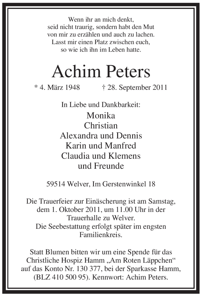  Traueranzeige für Achim Peters vom 30.09.2011 aus WESTFÄLISCHER ANZEIGER